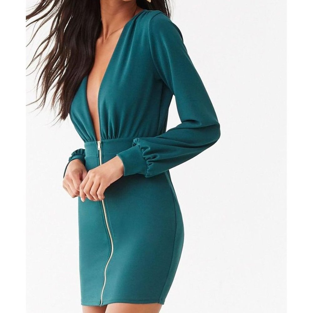 Plunging V-Neck Mini Dress (Hunter Green)